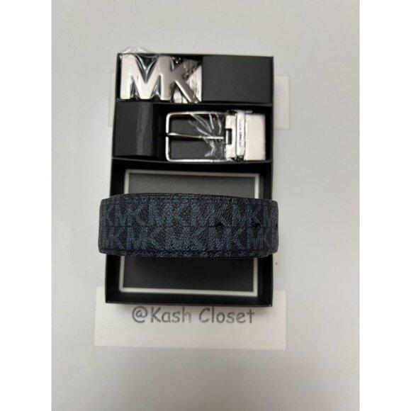 Michael Kors mens belt set 4 in 1 reversible MK signature gift box admiral blue - Picture 2 of 7